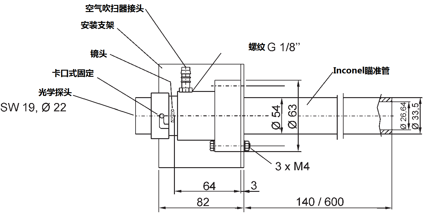 德國DIAS紅外公司,DSF30NG,DSF34NG紅外測溫儀用空氣吹掃器、安裝支架、Inconel瞄準管尺寸圖